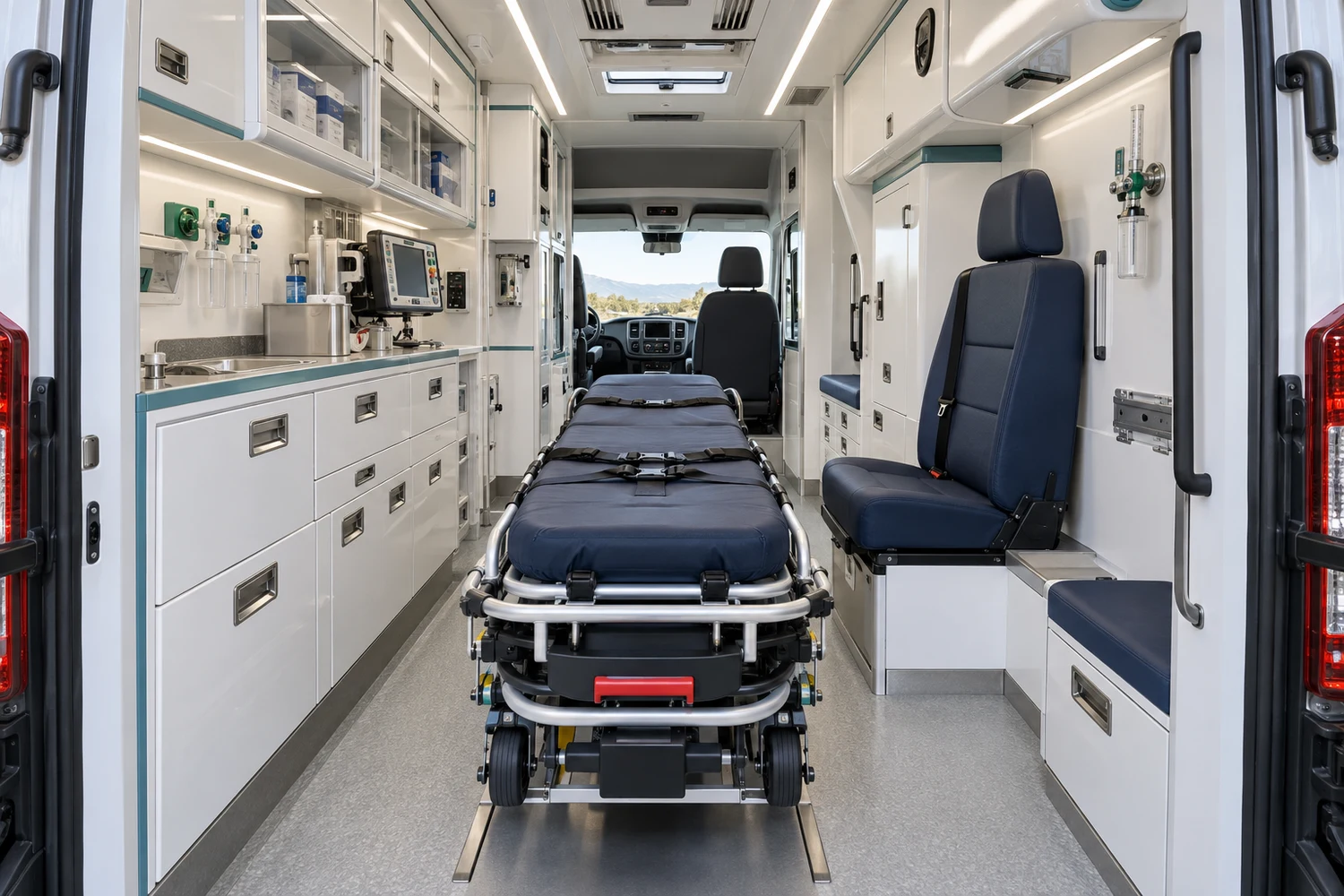 Przedział medyczny ambulansu H&S z certyfikowanym stołem noszy i aparaturą